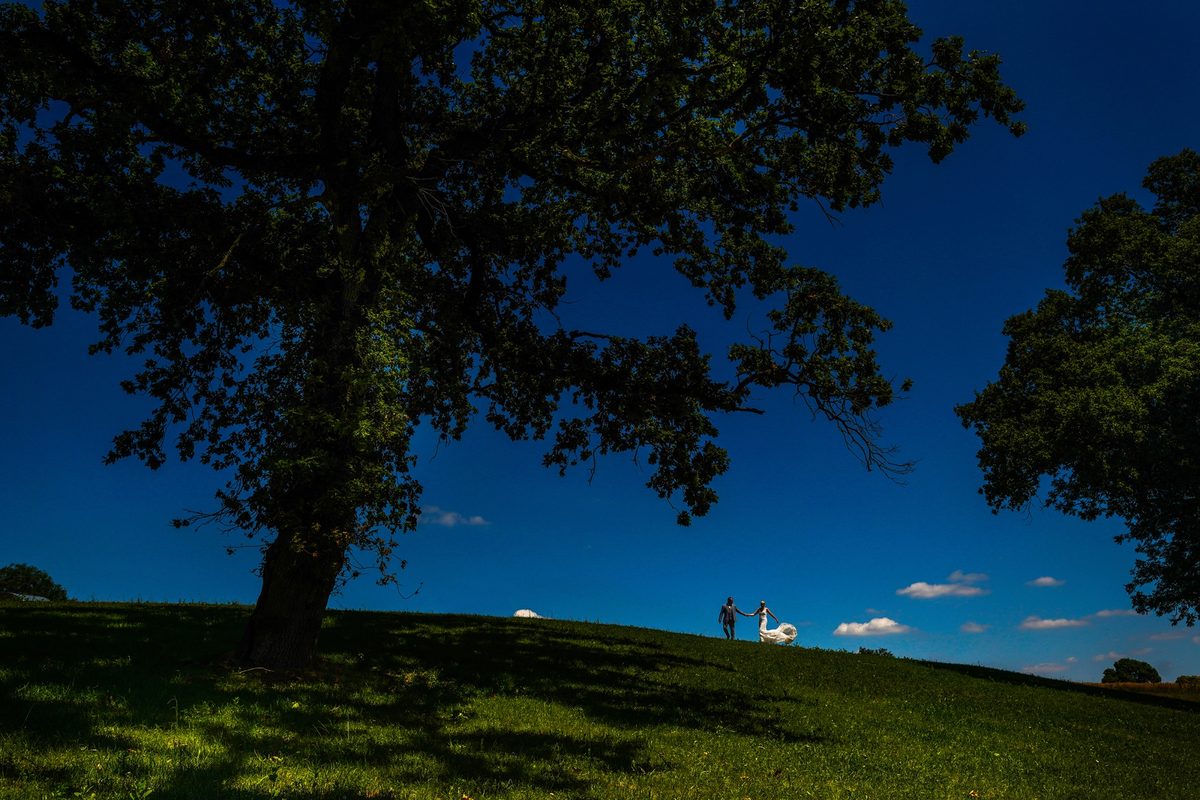 Photographe mariage Normandie — couple colline chêne ciel bleu Manche — Arnaud Chapelle
